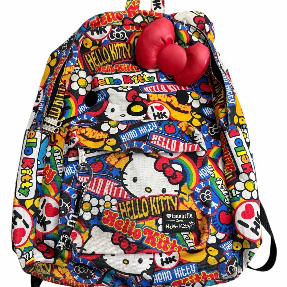 Loungefly x Hello Kitty All Over Print Backpack 3D‎ Bow Multicolor Graphic RARE
